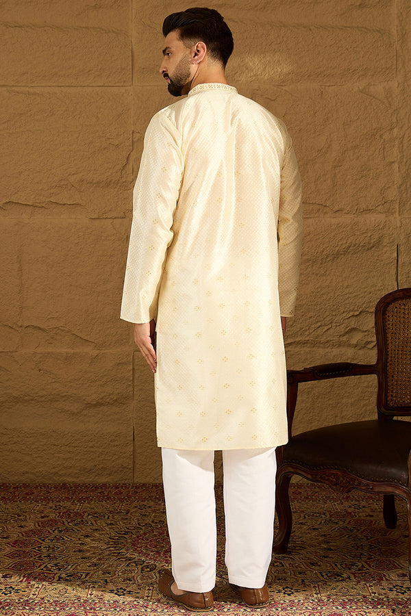 Off White Silk Blend Solid Woven Design Straight Kurta MKU1352