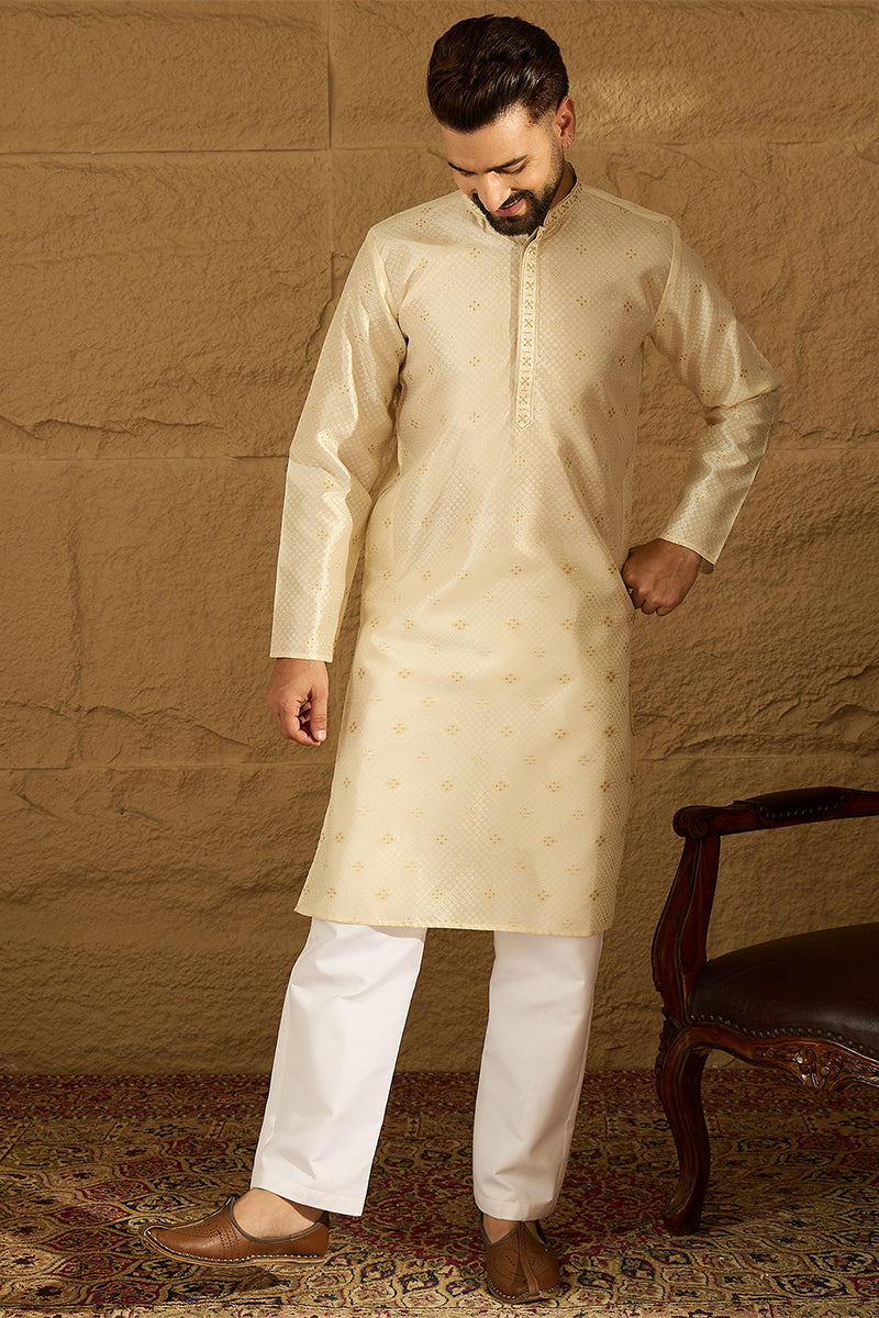 Off White Silk Blend Solid Woven Design Straight Kurta with Trouser MKSET1352