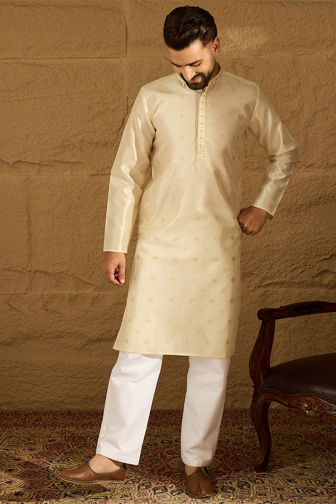 Off White Silk Blend Solid Woven Design Straight Kurta with Trouser MKSET1352