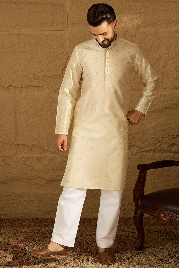 Off White Silk Blend Solid Woven Design Straight Kurta MKU1352