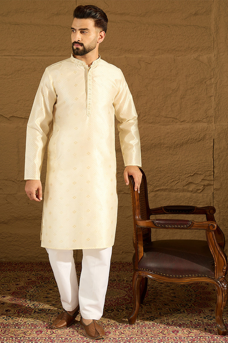 Off White Silk Blend Solid Woven Design Straight Kurta with Trouser MKSET1352