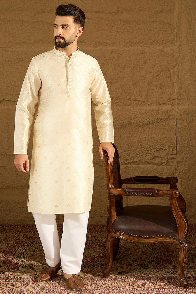 Off White Silk Blend Solid Woven Design Straight Kurta MKU1352