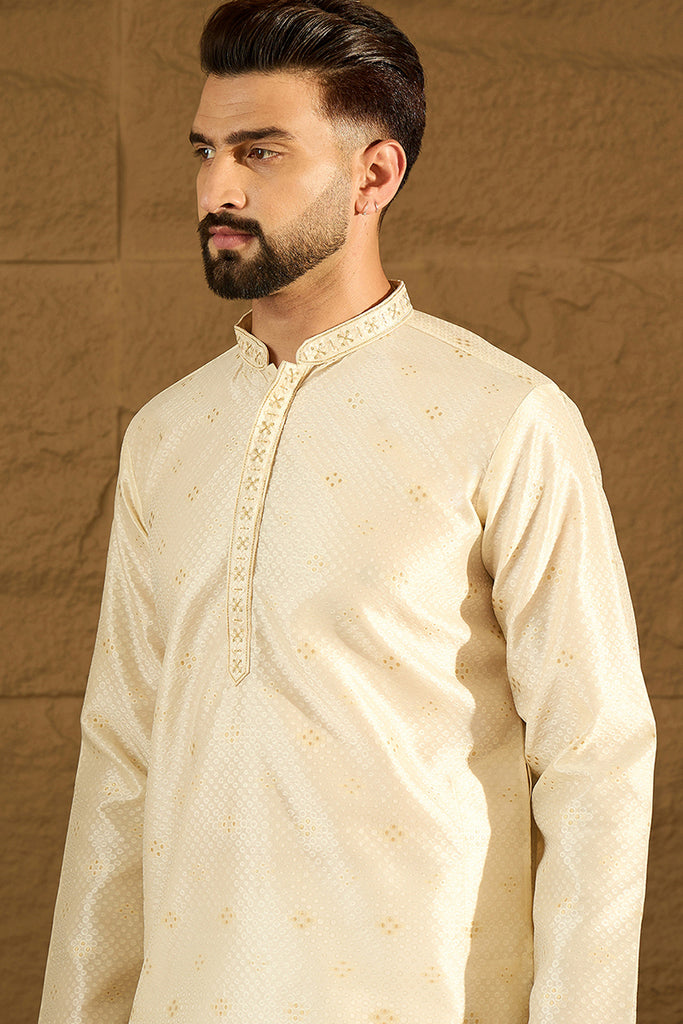 Off White Silk Blend Solid Woven Design Straight Kurta MKU1352
