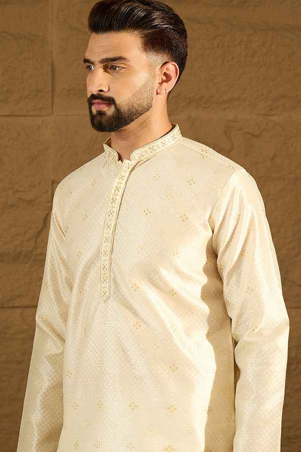 Off White Silk Blend Solid Woven Design Straight Kurta MKU1352