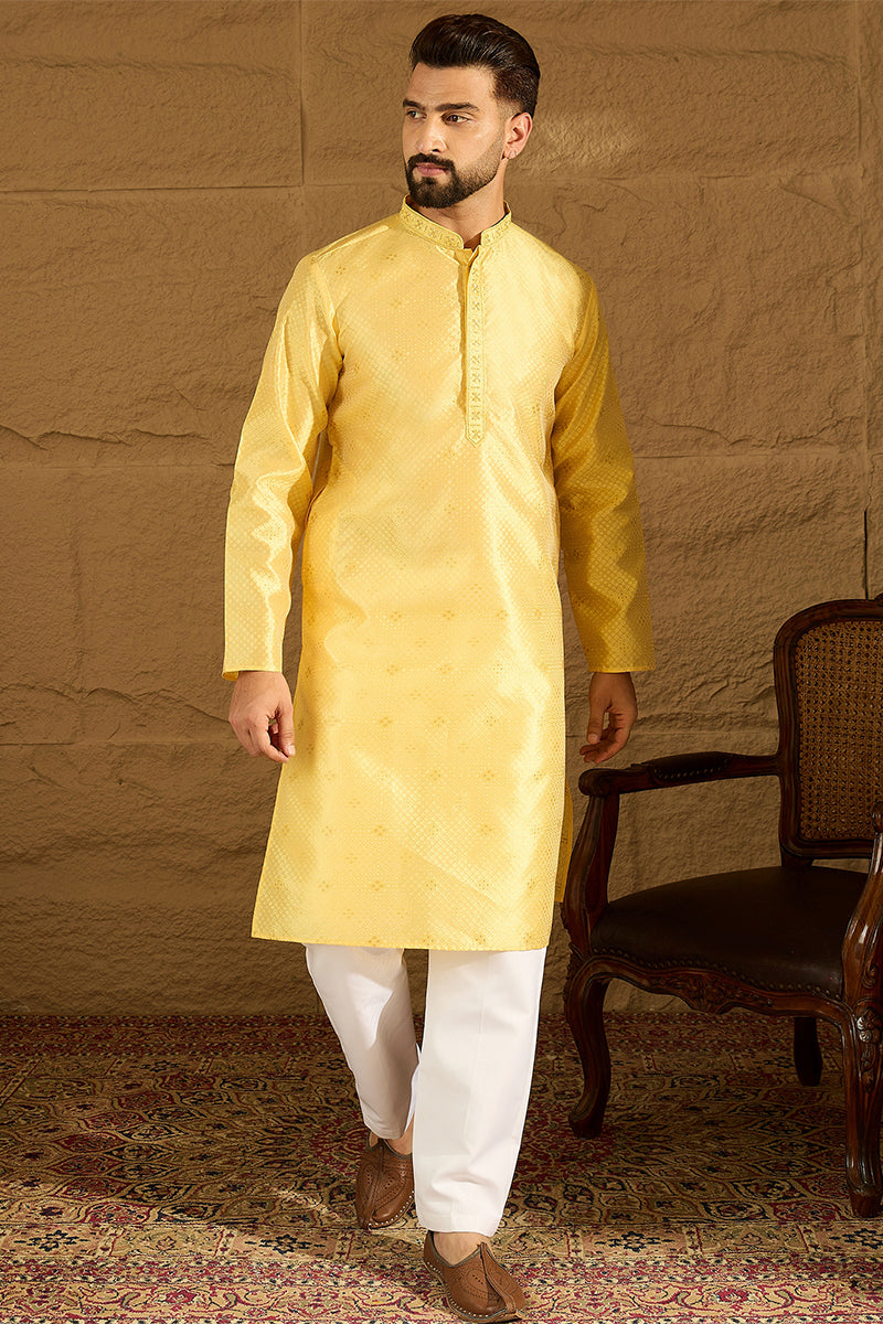 Yellow Polyester Solid Embroidered Straight Kurta with Trouser MKSET1353