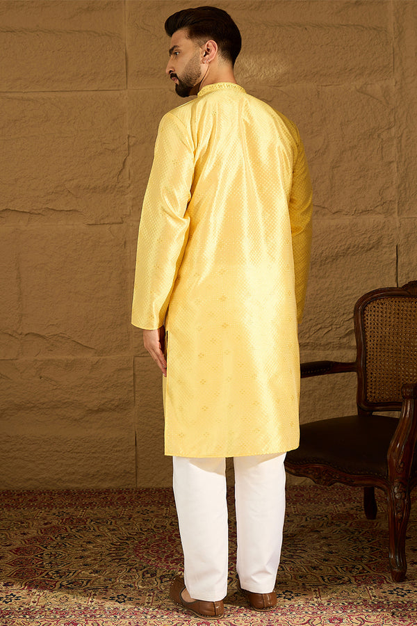 Yellow Polyester Solid Embroidered Straight Kurta with Trouser MKSET1353