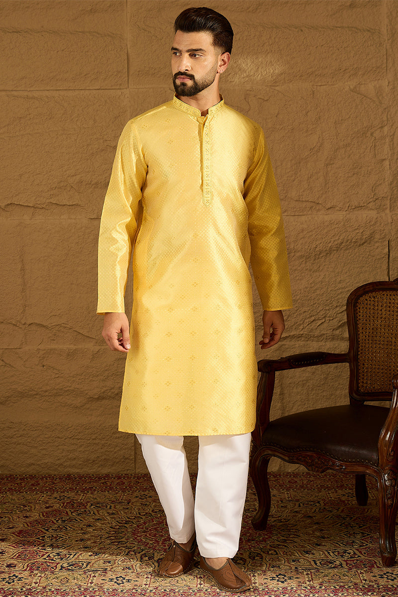 Yellow Polyester Solid Embroidered Straight Kurta with Trouser MKSET1353