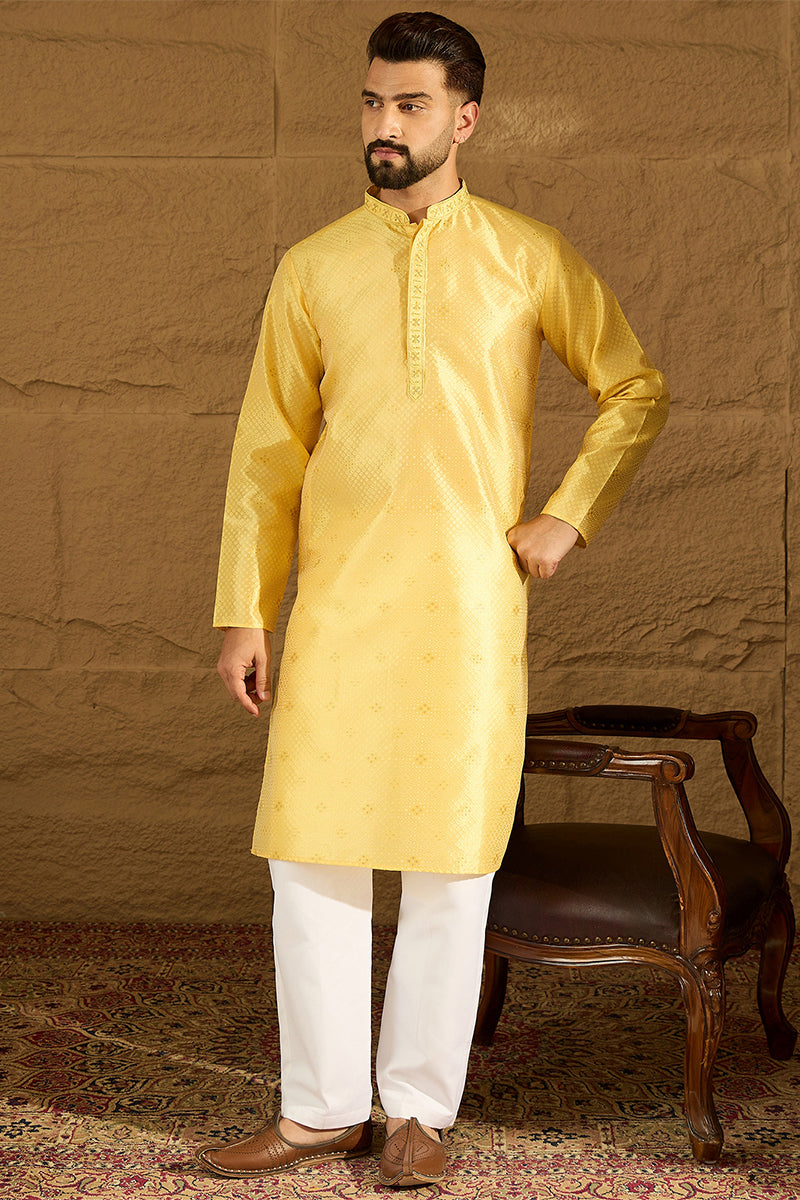 Yellow Polyester Solid Embroidered Straight Kurta with Trouser MKSET1353