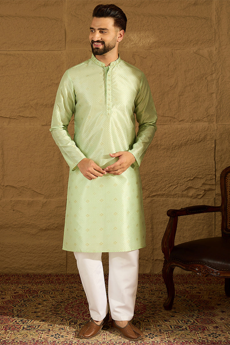 Green Silk Blend Solid Woven Design Straight Kurta with Trouser MKSET1354