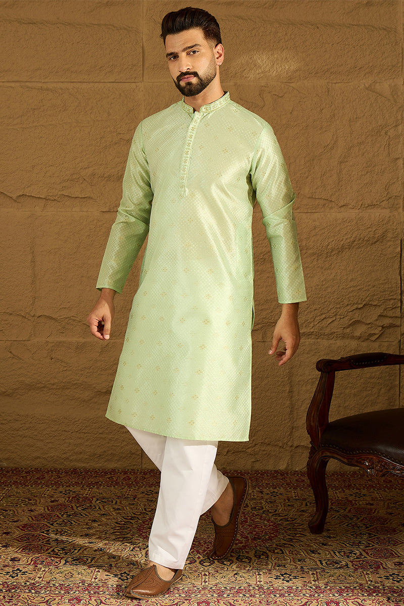 Green Silk Blend Solid Woven Design Straight Kurta MKU1354