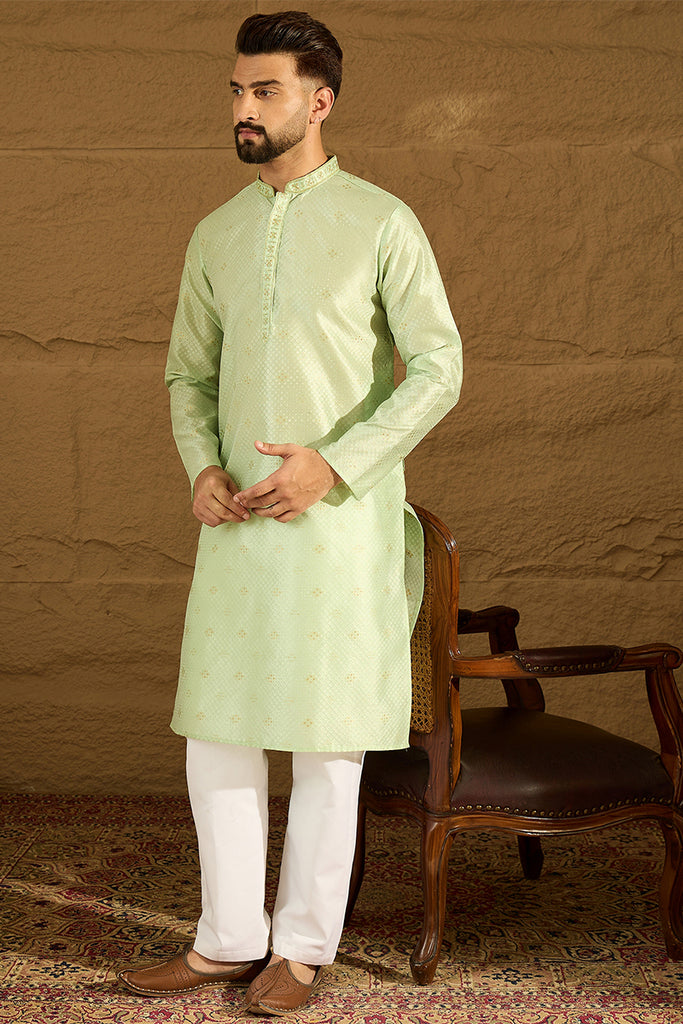 Green Silk Blend Solid Woven Design Straight Kurta with Trouser MKSET1354