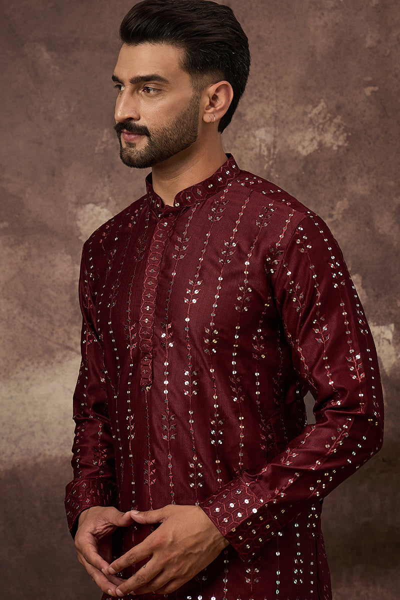 Maroon Silk Blend Solid Embroidered Straight Kurta With Pant Set MKSET1361