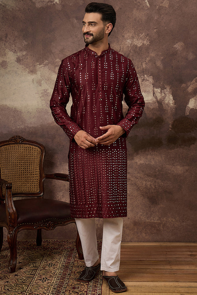 Maroon Silk Blend Solid Embroidered Straight Kurta With Pant Set MKSET1361