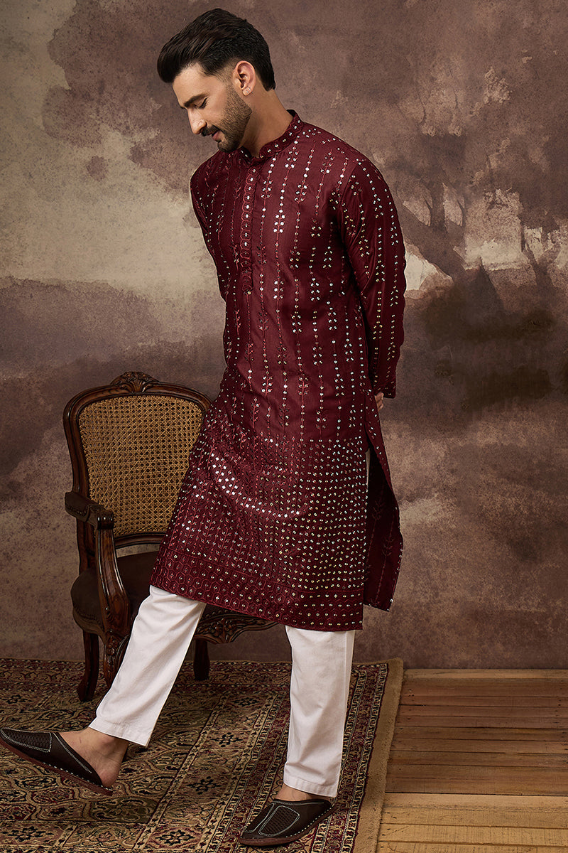 Maroon Silk Blend Solid Embroidered Straight Kurta With Pant Set MKSET1361