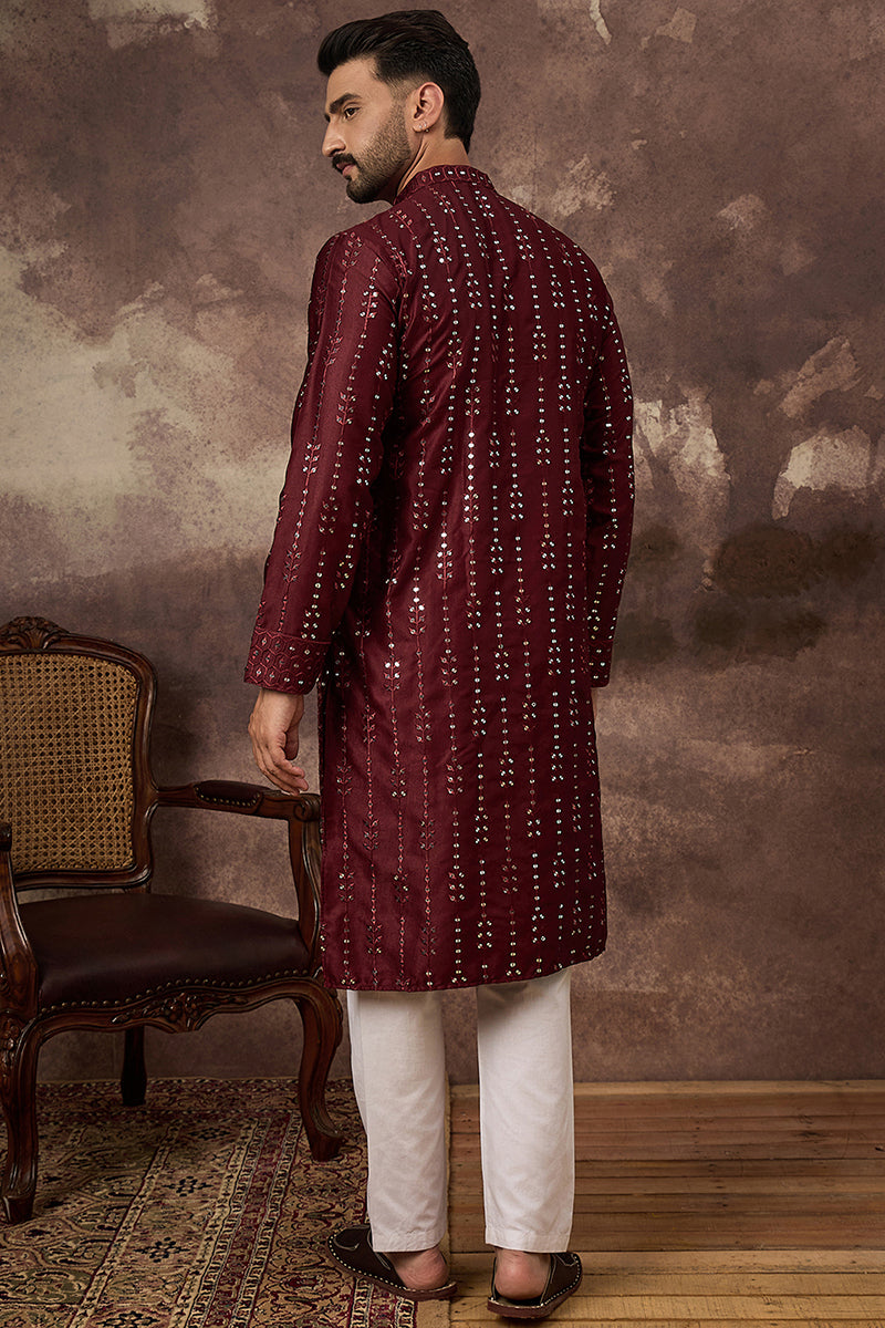 Maroon Silk Blend Solid Embroidered Straight Kurta With Pant Set MKSET1361