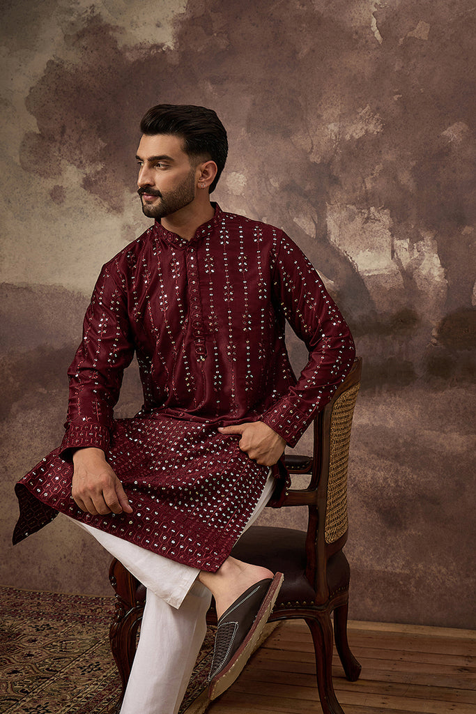 Maroon Silk Blend Solid Embroidered Straight Kurta With Pant Set MKSET1361