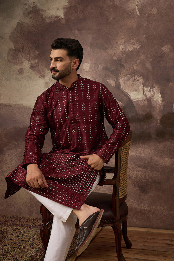 Maroon Silk Blend Solid Embroidered Straight Kurta With Pant Set MKSET1361
