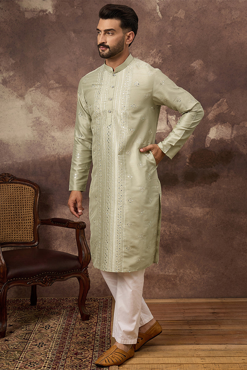 Green Silk Blend Solid Embroidered Straight Kurta MKU1363