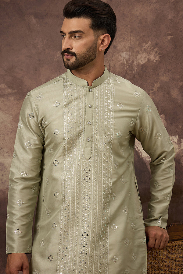 Green Silk Blend Solid Embroidered Straight Kurta With Pant Set MKSET1363