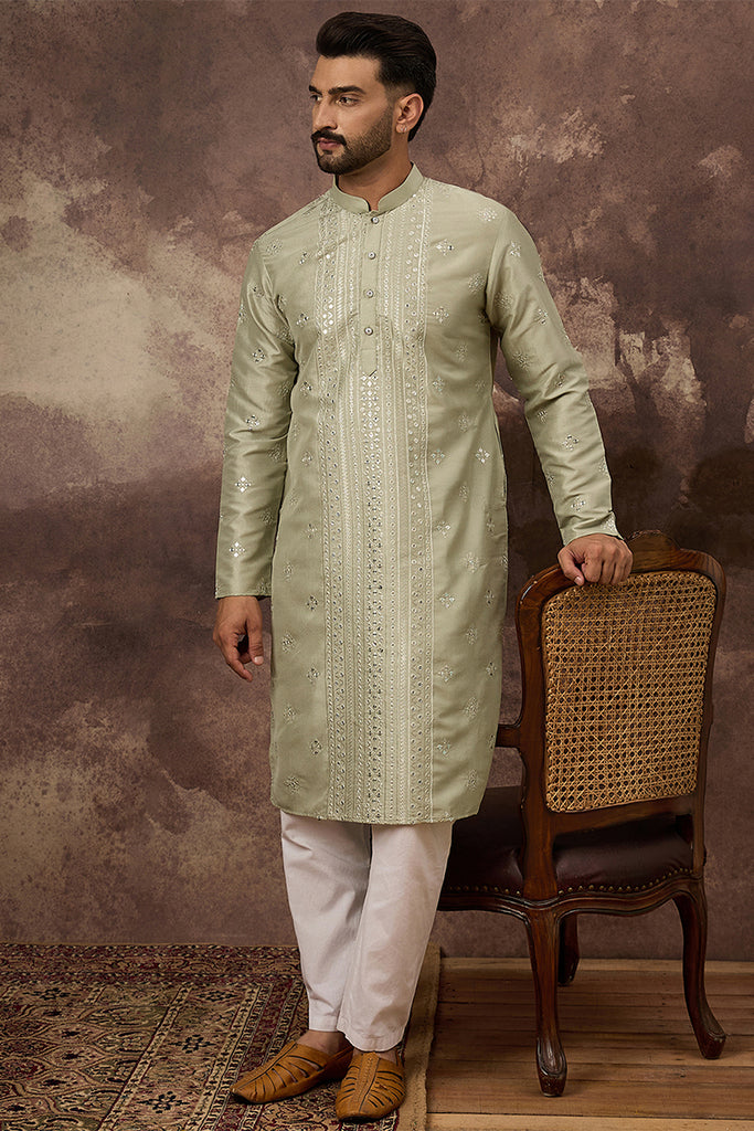Green Silk Blend Solid Embroidered Straight Kurta MKU1363