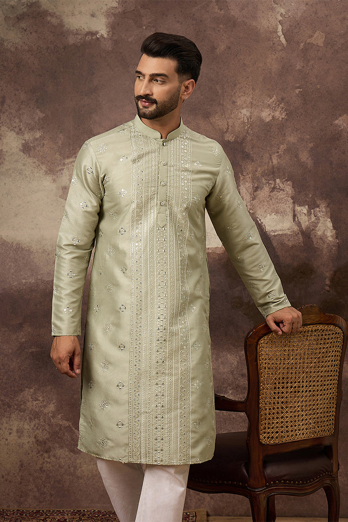 Green Silk Blend Solid Embroidered Straight Kurta MKU1363