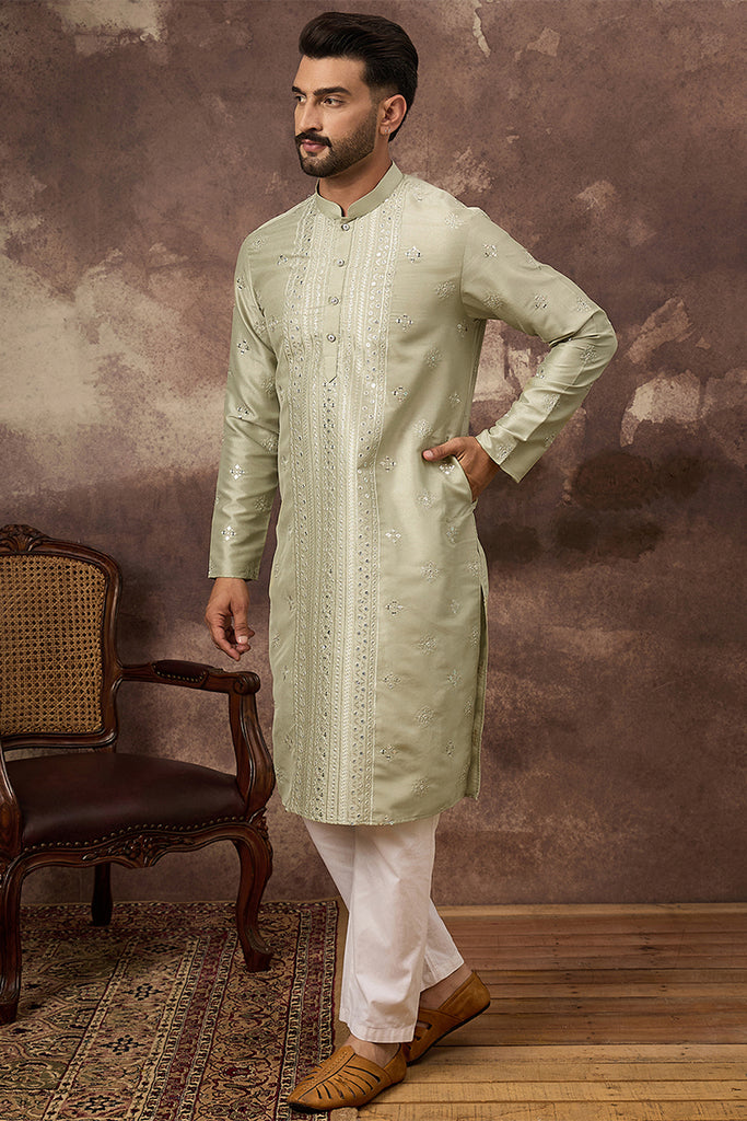 Green Silk Blend Solid Embroidered Straight Kurta With Pant Set MKSET1363
