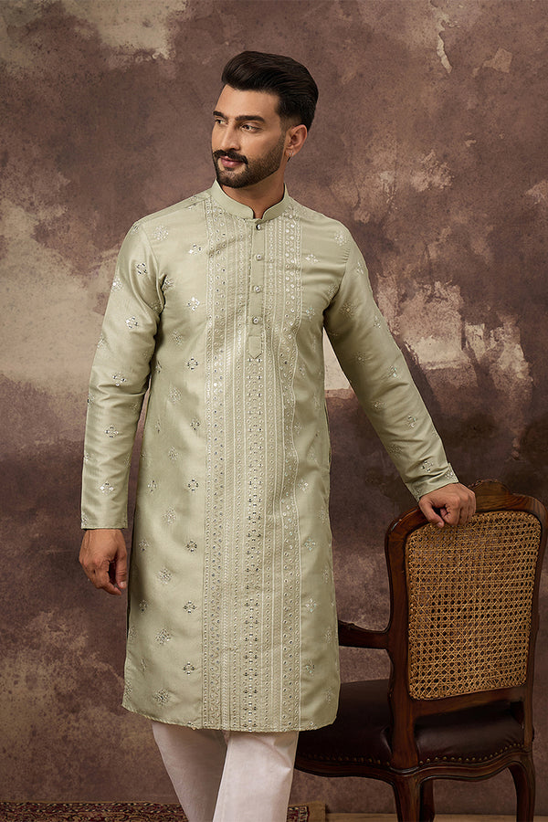 Green Silk Blend Solid Embroidered Straight Kurta MKU1363