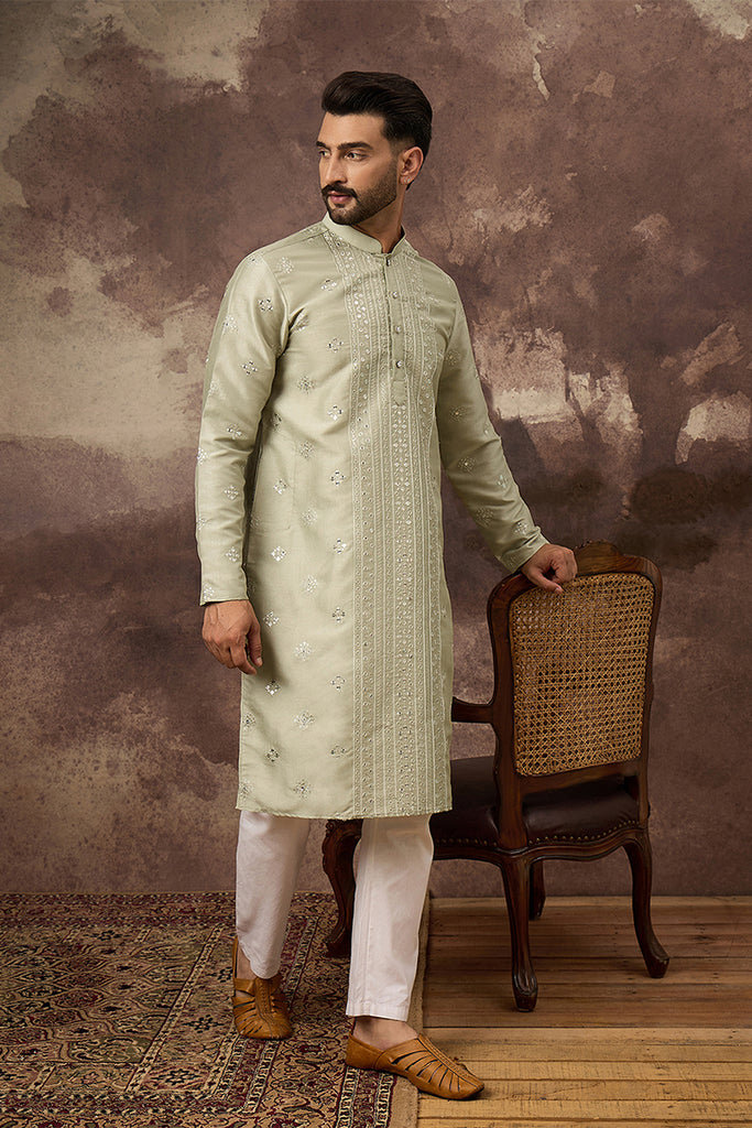 Green Silk Blend Solid Embroidered Straight Kurta MKU1363