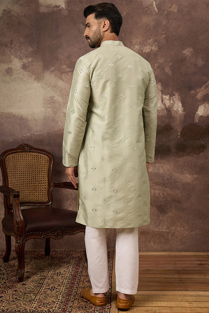 Green Silk Blend Solid Embroidered Straight Kurta With Pant Set MKSET1363