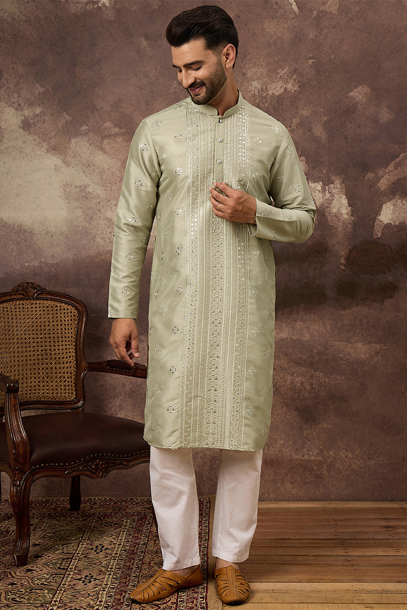 Green Silk Blend Solid Embroidered Straight Kurta With Pant Set MKSET1363