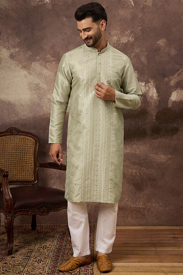 Green Silk Blend Solid Embroidered Straight Kurta With Pant Set MKSET1363