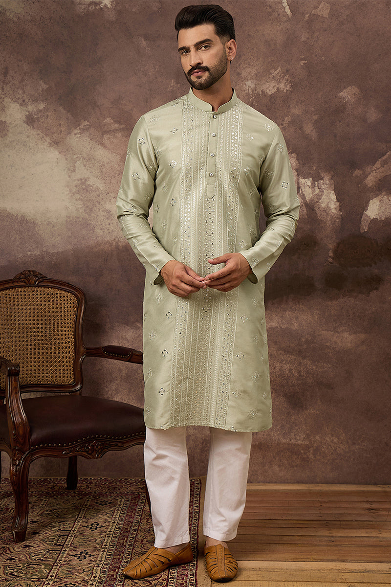 Green Silk Blend Solid Embroidered Straight Kurta MKU1363
