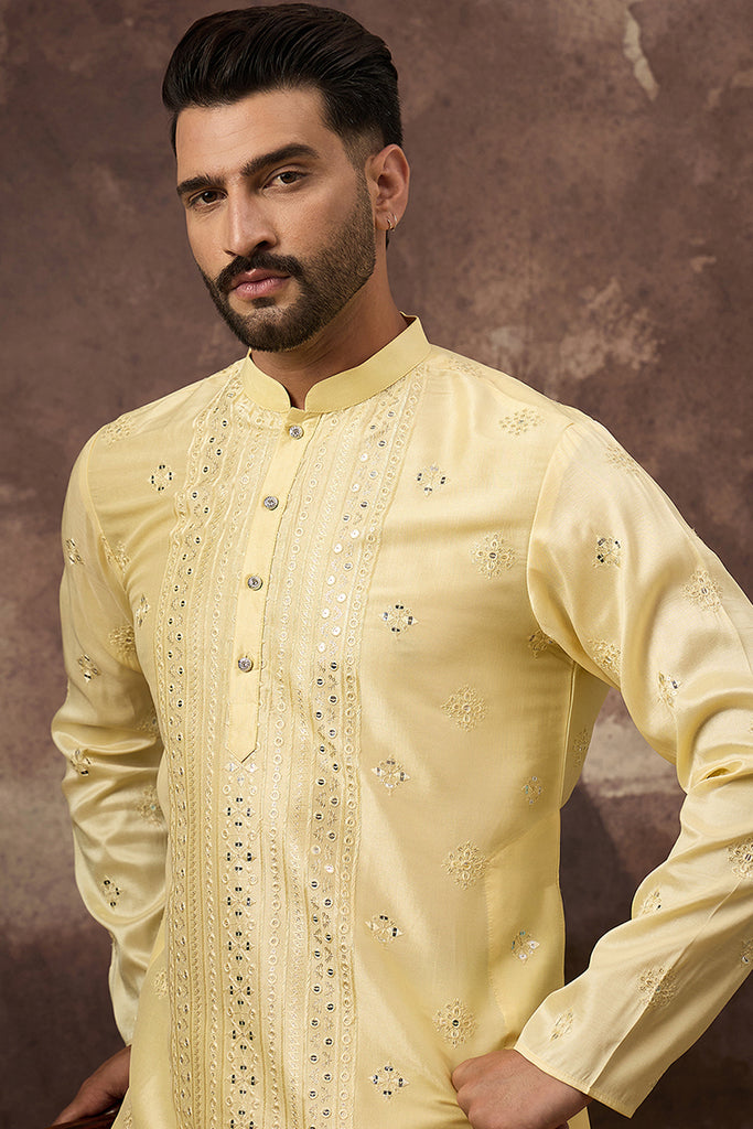 Yellow Silk Blend Solid Embroidered Straight Kurta With Pant Set MKSET1364