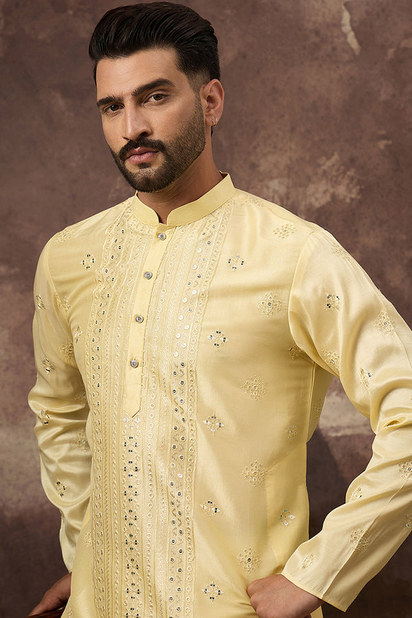 Yellow Silk Blend Solid Embroidered Straight Kurta With Pant Set MKSET1364