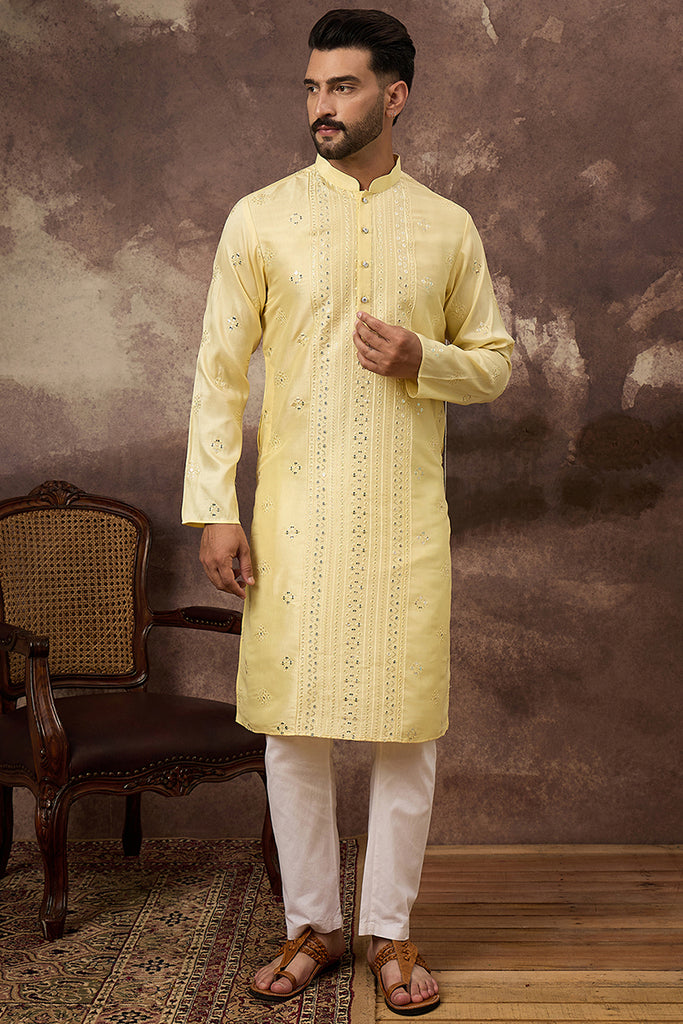 Yellow Silk Blend Solid Embroidered Straight Kurta With Pant Set MKSET1364