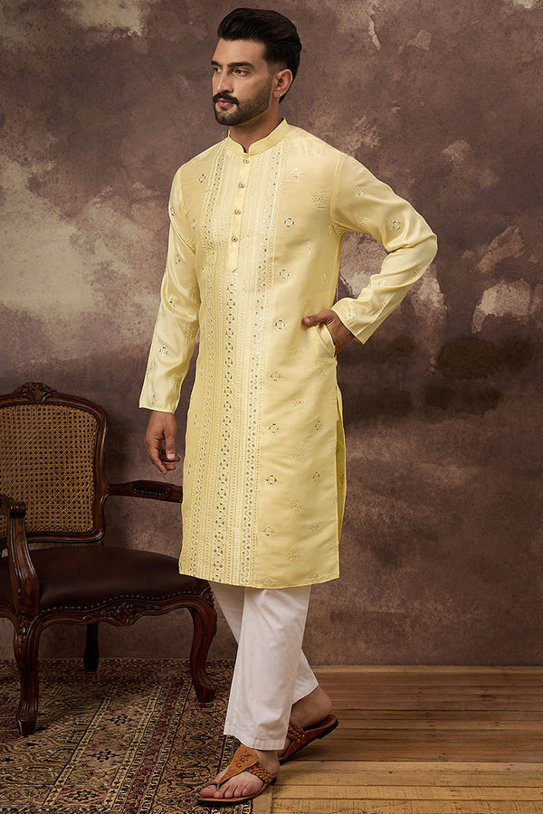 Yellow Silk Blend Solid Embroidered Straight Kurta With Pant Set MKSET1364