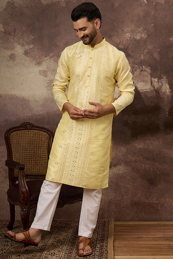 Yellow Silk Blend Solid Embroidered Straight Kurta With Pant Set MKSET1364