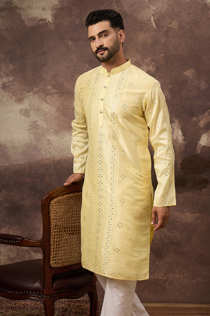 Yellow Silk Blend Solid Embroidered Straight Kurta With Pant Set MKSET1364