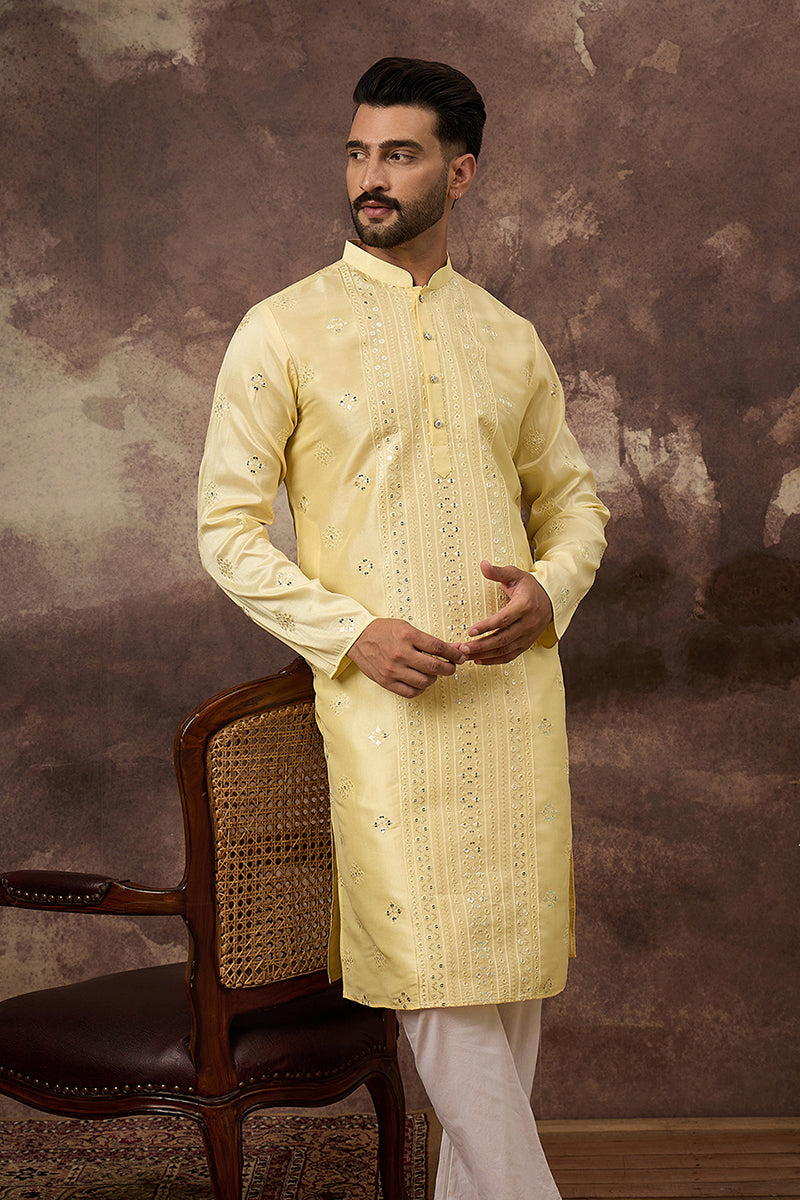 Yellow Silk Blend Solid Embroidered Straight Kurta With Pant Set MKSET1364