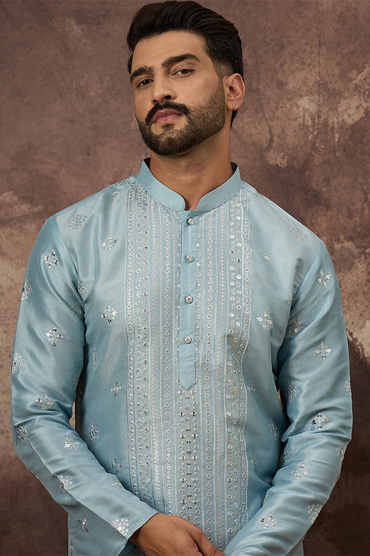 Blue Silk Blend Solid Embroidered Straight Kurta With Pant Set MKSET1365