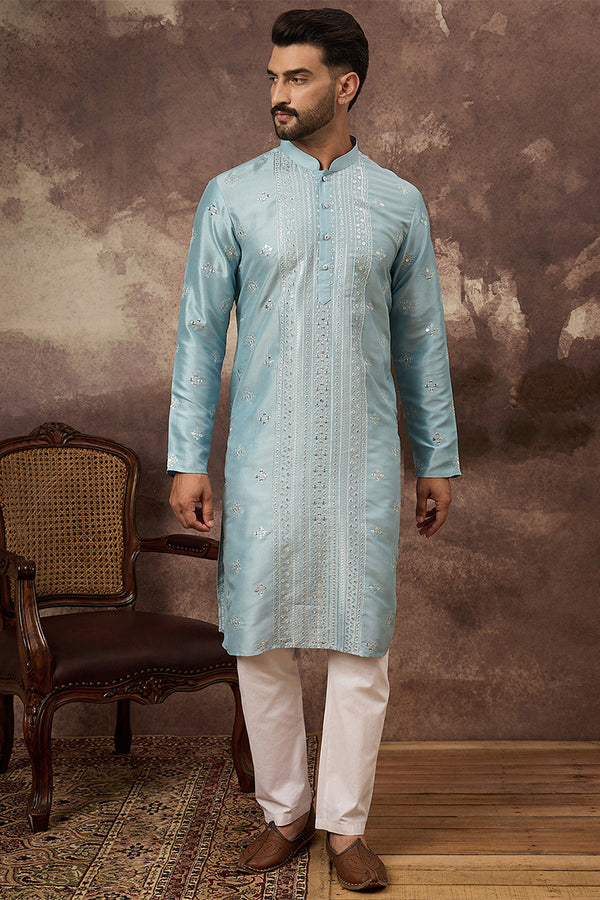 Blue Silk Blend Solid Embroidered Straight Kurta MKU1365
