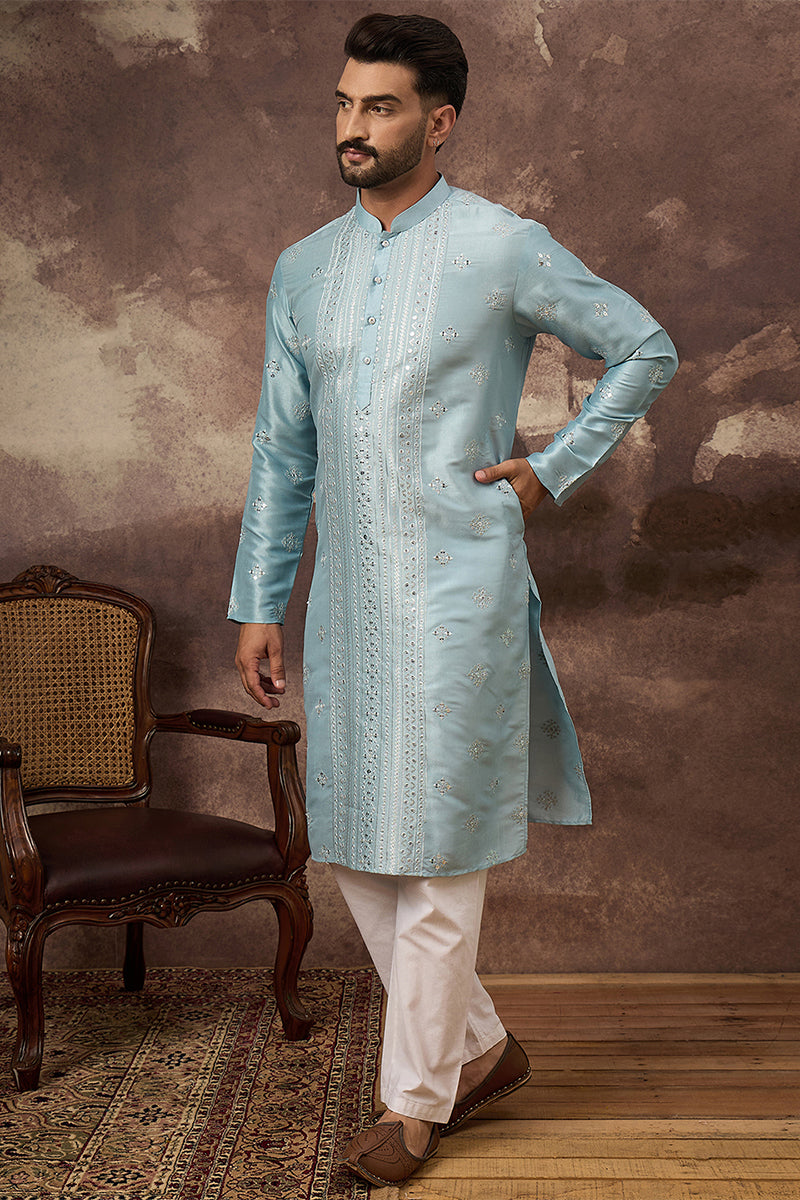 Blue Silk Blend Solid Embroidered Straight Kurta MKU1365