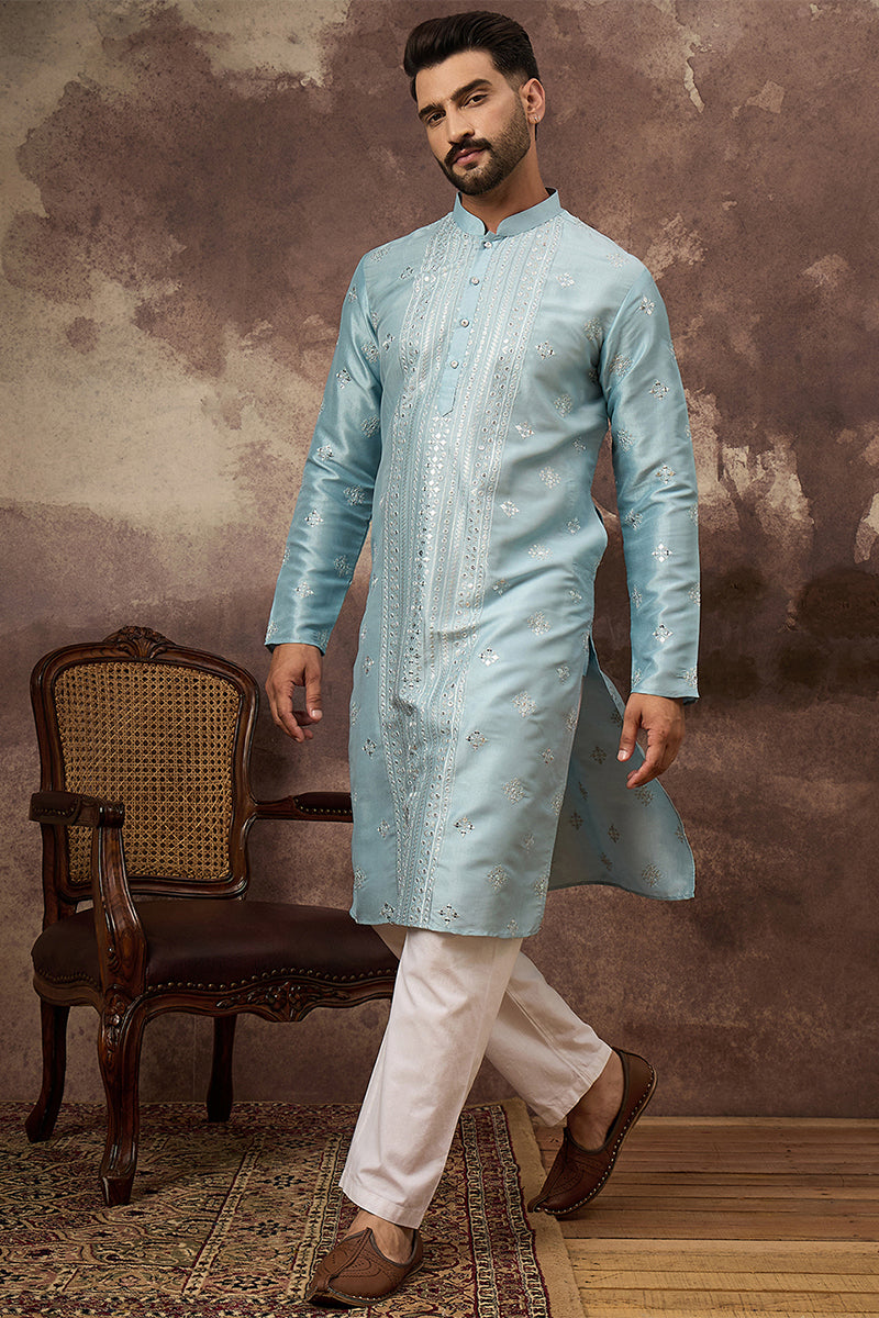 Blue Silk Blend Solid Embroidered Straight Kurta With Pant Set MKSET1365