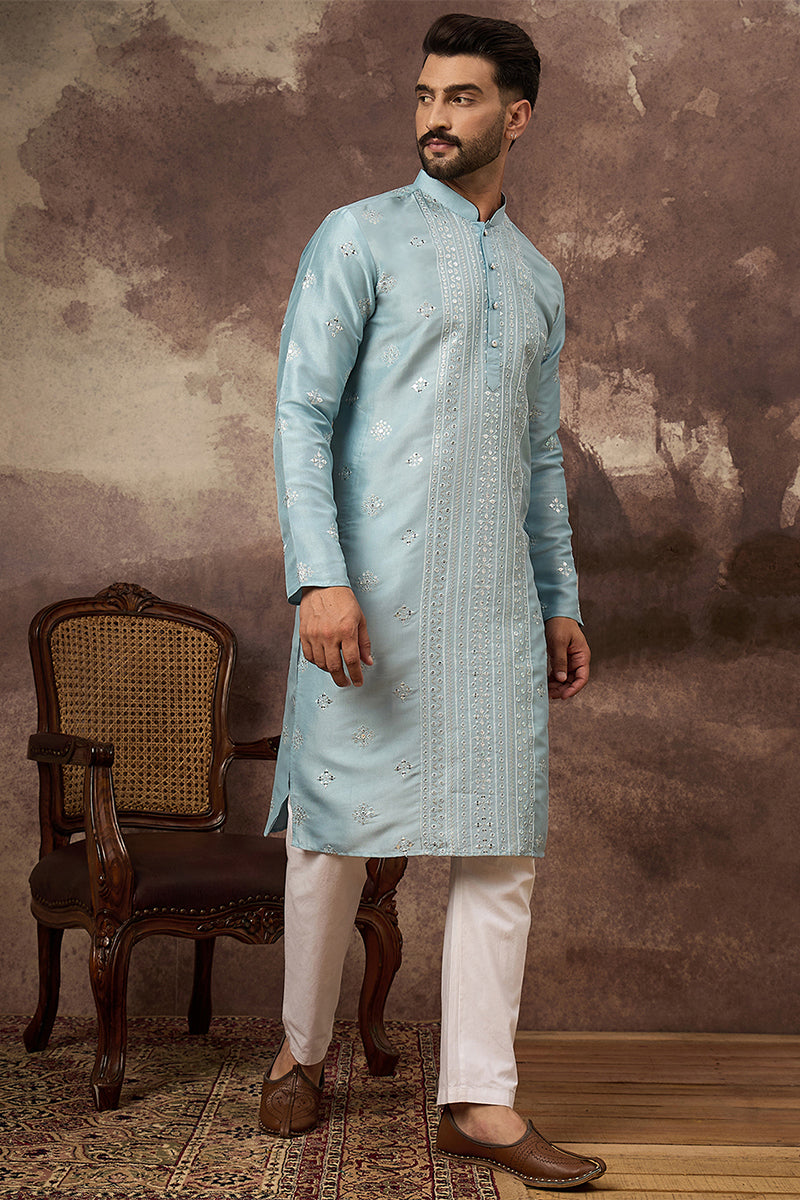 Blue Silk Blend Solid Embroidered Straight Kurta With Pant Set MKSET1365