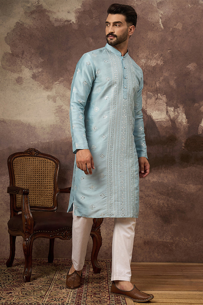 Blue Silk Blend Solid Embroidered Straight Kurta With Pant Set MKSET1365