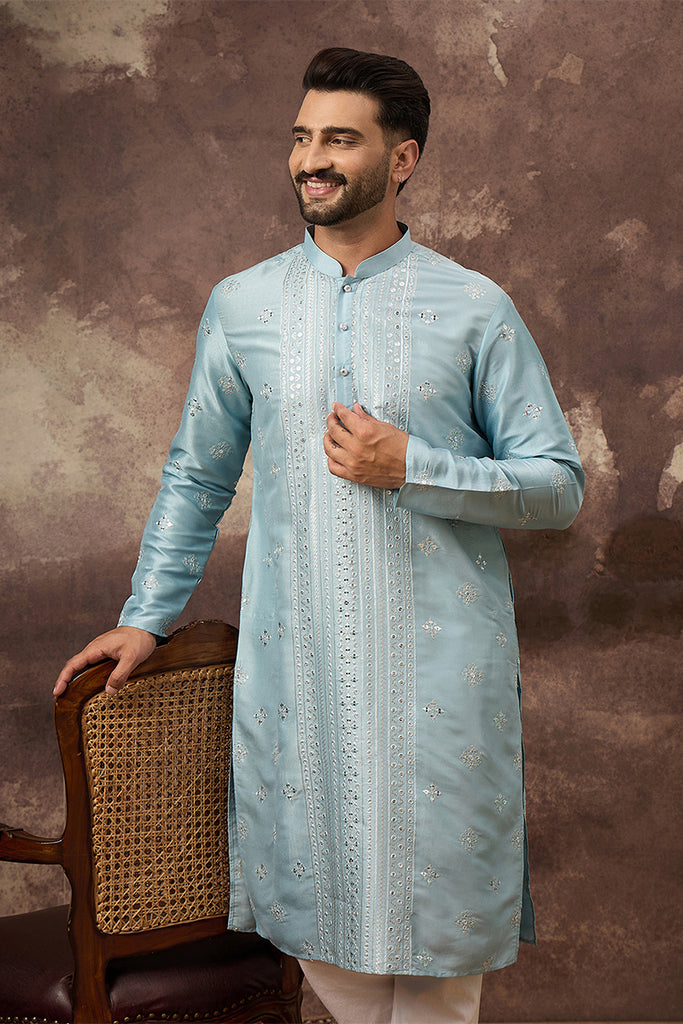 Blue Silk Blend Solid Embroidered Straight Kurta With Pant Set MKSET1365