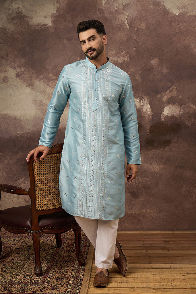 Blue Silk Blend Solid Embroidered Straight Kurta With Pant Set MKSET1365
