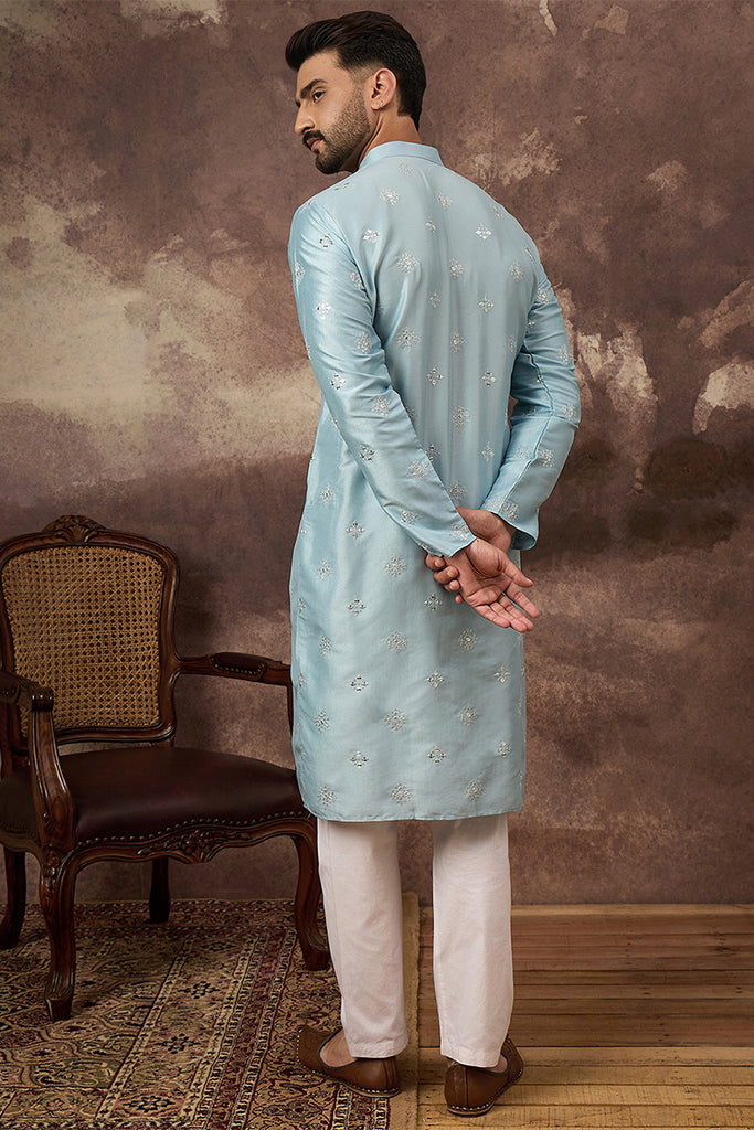 Blue Silk Blend Solid Embroidered Straight Kurta MKU1365