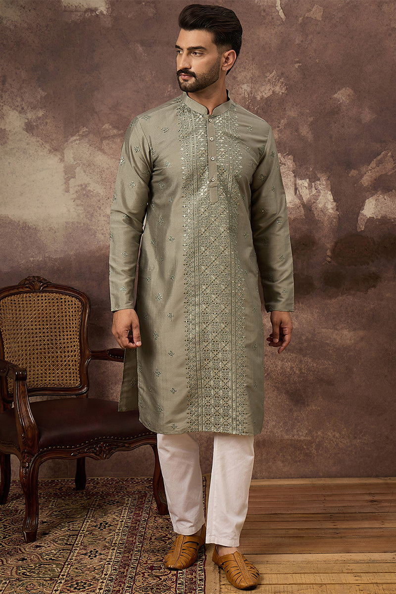 Green Silk Solid Embroidered Straight Kurta MKU1367