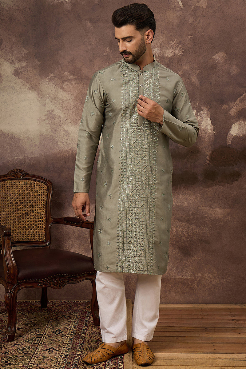 Green Silk Solid Embroidered Straight Kurta MKU1367